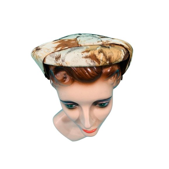 Vintage 1950s Floral Cap Brown Printed Round Hat - Picture 7 of 10